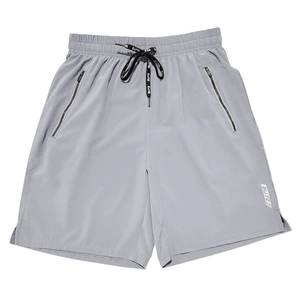 Detail view of light grey quick-dry shorts with drawstring waist and hidden zip pockets