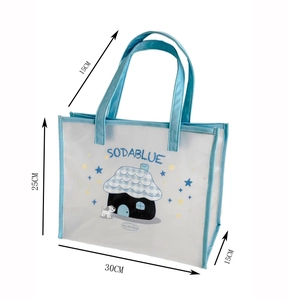Detailed size view of light blue PVC beach bag with cartoon house and dog prints
