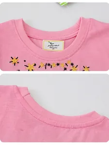 Pink cotton girls' dress with yellow embroidered stars showing collar front and back views