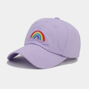 Detail of rainbow embroidery on lavender cotton twill baseball cap for women