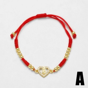 Handmade red braided cord bracelet with 18k gold plated Virgin Mary heart pendant and zircons