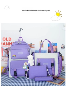 Detail of a four-piece purple and beige school bag set with cute cartoon patches and charms