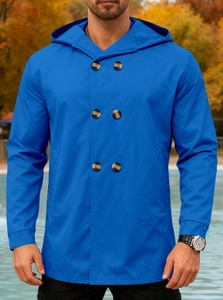 Detail of blue mid-length hooded trench coat with double-breasted buttons and windproof fabric