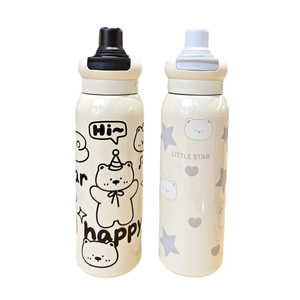 Cartoon 316 stainless steel vacuum flask with straw for students and dual drinking modes