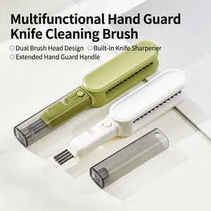 Multi-Functional Knife Cleaning Brush With Integrated Sharpener Long Handle Hand Guard U-Shaped Kitchen Scrubber ABS