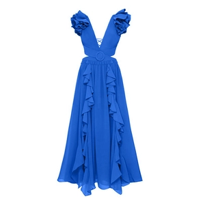 Royal blue deep V-neck maxi dress featuring layered ruffles and waist cut-outs for vacation