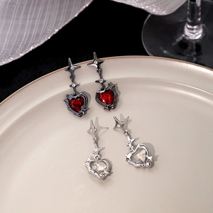 Heart Zircon Drop Earrings With Silver Earring Post Four Pointed Star Goth Style Alloy Jewelry For Women