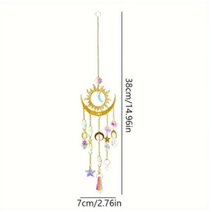 Detailed view of golden sun and moon suncatcher with dimensions 38cm by 7cm