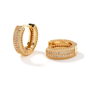 Polished gold earrings with four rows of sparkling white zircon in a classic hoop design
