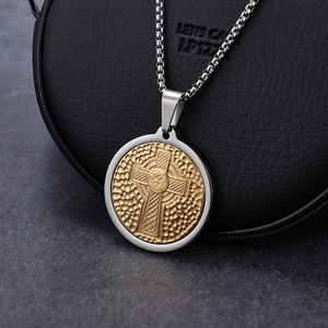 Vintage Celtic cross round tag necklace in polished stainless steel with gold relief