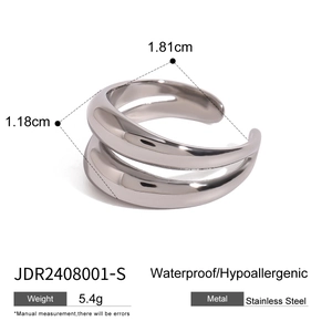 Detail view of silver double-layered open ring showing weight and material specifications