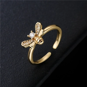 Minimalist Bee Flower Open Ring Copper Cubic Zirconia Adjustable Finger Jewelry For Women Girls Delicate Gift
