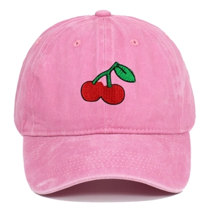 Pink washed cotton baseball cap featuring vintage cherry embroidery on a white background
