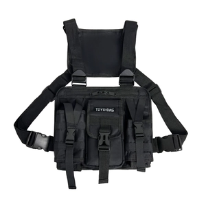 Tactical black chest rig bag in durable nylon with multiple pockets and adjustable straps
