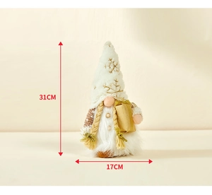Detailed view of white and gold Christmas gnome with dimensions 31cm height and 17cm width