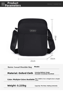 Detail showing high-capacity black waterproof shoulder bag with 21x25x10cm dimensions
