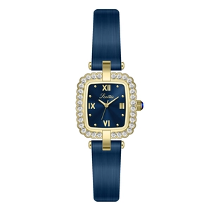 Elegante quadratische Golduhr mit Diamantlünette, blauem Zifferblatt und Lederarmband