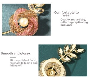 Detailed macro view of gold flower brooch with freshwater pearl and pink crystals