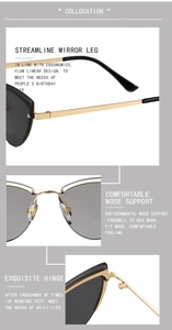 Detail of metal cat-eye sunglasses with gold temples, comfy nose pads and durable hinges