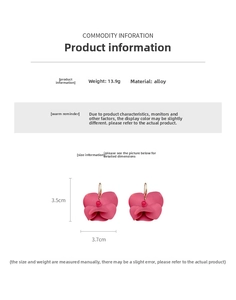 Detailed view of pink flower alloy earring showing dimensions 3.5cm by 3.7cm and weight