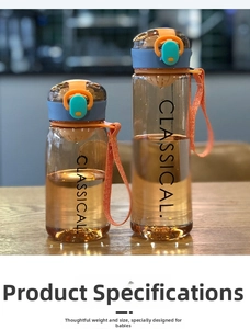 Detail of amber plastic water bottle set with colorful lids on wooden surface