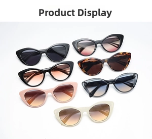Detail view of colorful cat eye sunglasses collection with thick frame and retro style