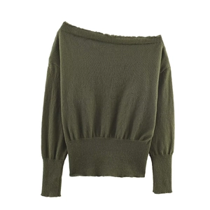 Chic off-shoulder long sleeve knit sweater in olive green with ribbed cuffs and hemline