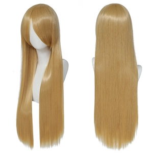 Long straight gold blonde cosplay wig with bangs shown on mannequin front and back views