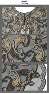 Detail of black mesh shawl featuring gold sequin paisley embroidery and wavy edges
