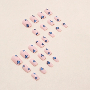 Pink press-on nails with blue butterfly patterns in short square shape 24pcs set