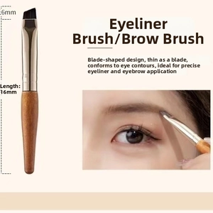 Macro detail of 6mm ultra-thin angled eyeliner brush with wooden handle and silver ferrule