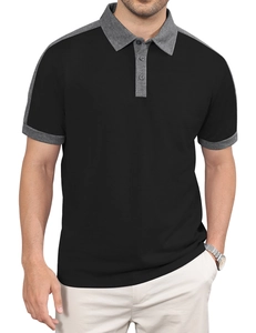 Détail d'un polo noir pour homme avec coutures contrastées grises au col et aux épaules