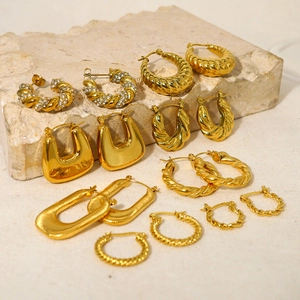 Collection of gold-plated hollow crescent hoops and textured twisted earrings for women