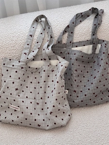 Canvas Tote Bag Women Checkered Polka Dot Bowknot Large Capacity Shoulder Handbag Daily Casual Commuting