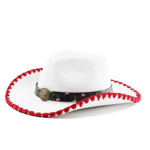 Classic white western cowboy hat with red braided brim and star studded black band