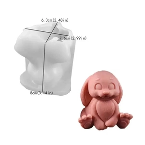 Detailed view of 3D rabbit cartoon silicone mold with dimension marks for DIY candle making