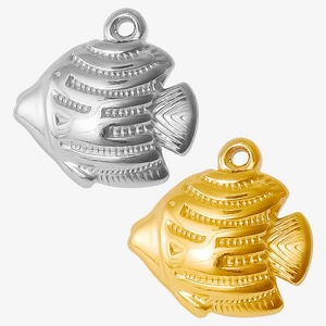 Detailed view of fish-shaped 304 stainless steel pendants in gold and silver finishes