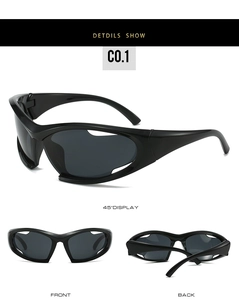 Multiple views of black Y2K sports sunglasses showing front, back, and 45-degree angle