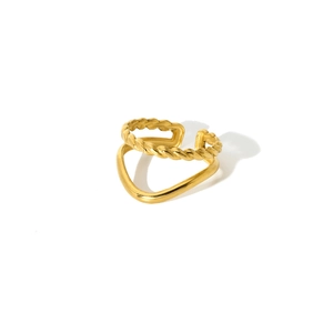 Detail of 18K gold-plated double-layer open ring featuring twisted rope and smooth arc bands