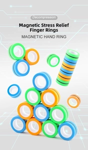 Close-up of colorful magnetic decompression hand rings showing blue and orange fidget rings