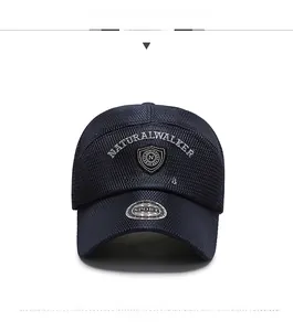 Detailed close-up of navy blue mesh baseball cap featuring natural walker embroidery