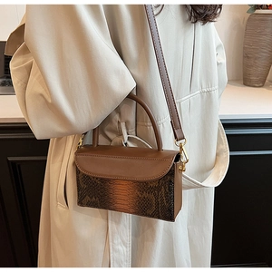 Brown vintage handbag with snakeskin pattern worn by model in casual interior setting