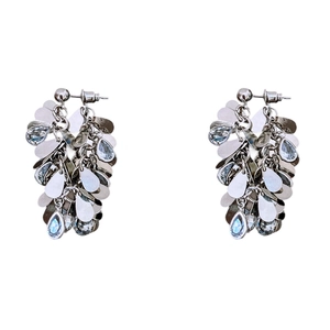 Silver needle drop tassel earrings with blue crystals and vintage French style aesthetic