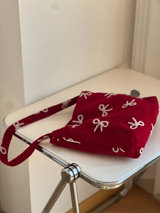 Retro red corduroy tote bag with white bow embroidery and bead clasp closure