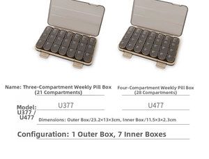 Detail view of 21 and 28 grid weekly pill organizers with AM PM time markings
