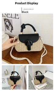 Detail of a straw handbag featuring a black leather flap and unique knotted handle design