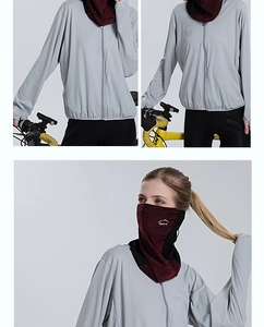 Detail of grey ice silk sun protection hoodie and red-black splicing sports face mask