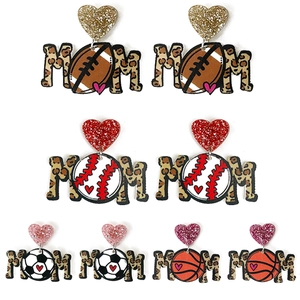 Detail of four pairs of Mom leopard print acrylic earrings with varied sports ball icons