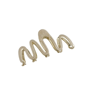 Elegant gold metal wave hair claw clip with inlaid white pearls on white background