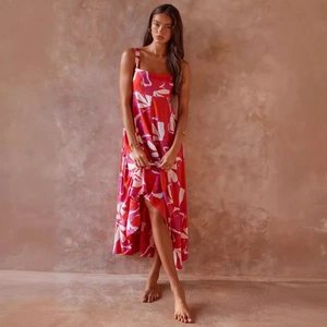 Red abstract floral slim fit maxi dress with spaghetti straps for summer vacations